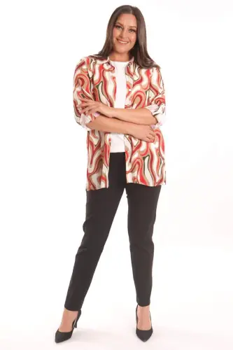 Plus Size Patterned Viscose Shirt Blouse Burgundy Two-Piece Set - 5