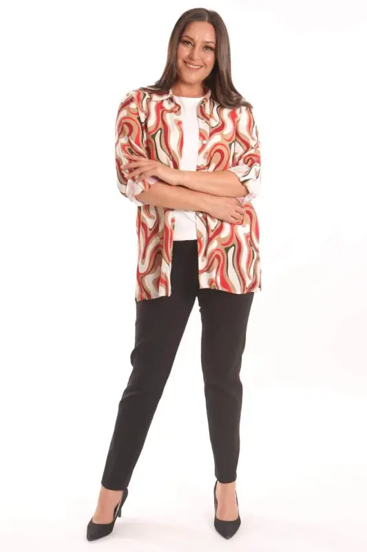 Plus Size Patterned Viscose Shirt Blouse Burgundy Two-Piece Set - 5