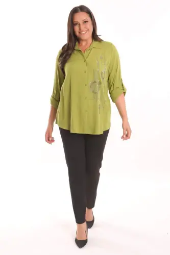 Plus Size Pistachio Green Woven Shirt with Stone Print Detail - 2