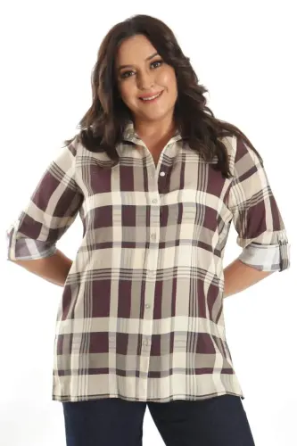 Plus Size Plaid Pattern Burgundy Shirt - 1
