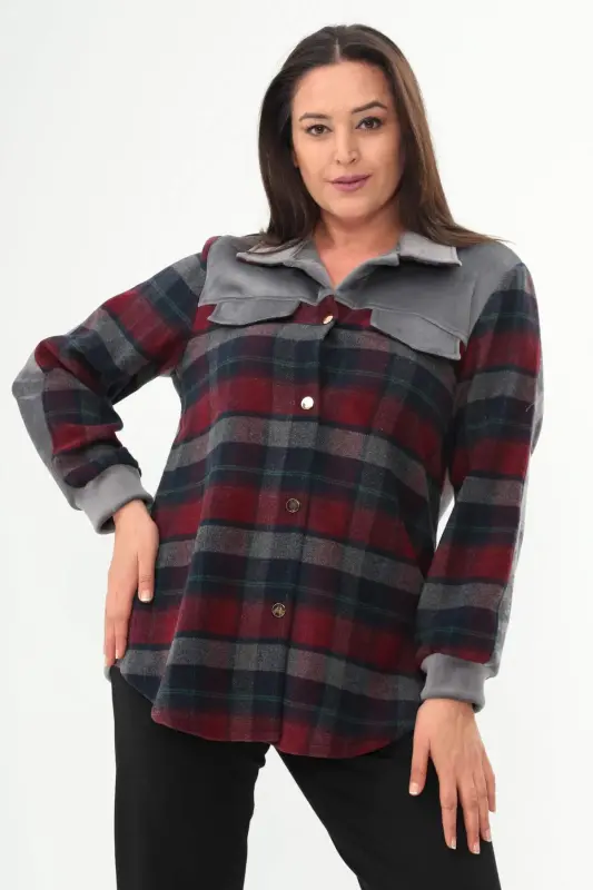 Plus Size Plaid Pattern Flannel Burgundy Shirt - 1