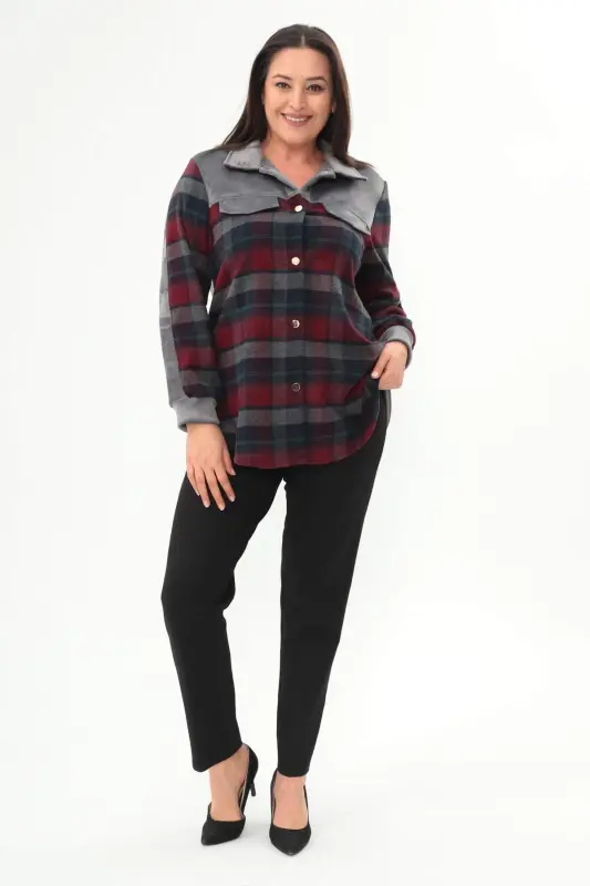 Plus Size Plaid Pattern Flannel Burgundy Shirt - 2