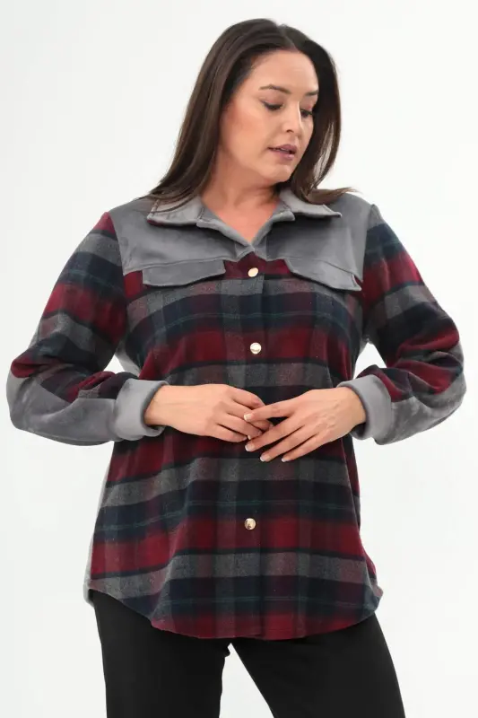 Plus Size Plaid Pattern Flannel Burgundy Shirt - 3