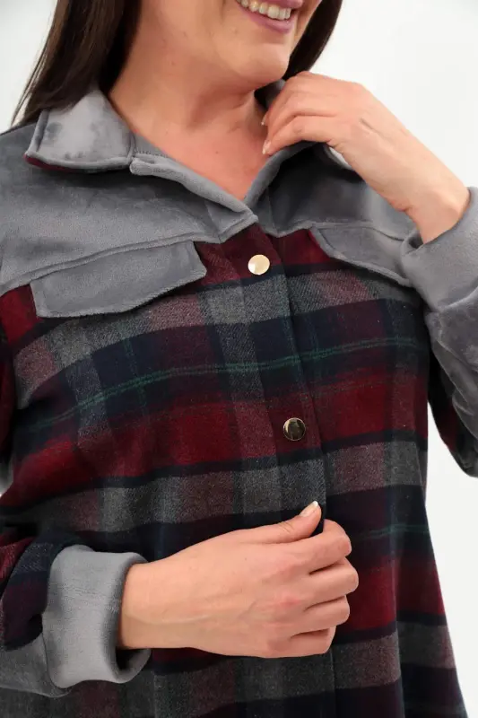 Plus Size Plaid Pattern Flannel Burgundy Shirt - 4