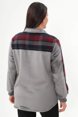 Plus Size Plaid Pattern Flannel Burgundy Shirt - 5