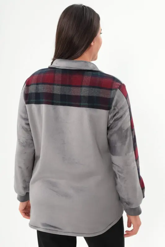 Plus Size Plaid Pattern Flannel Burgundy Shirt - 5