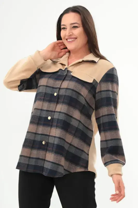 Plus Size Plaid Pattern Lumberjack Beige Shirt - 1