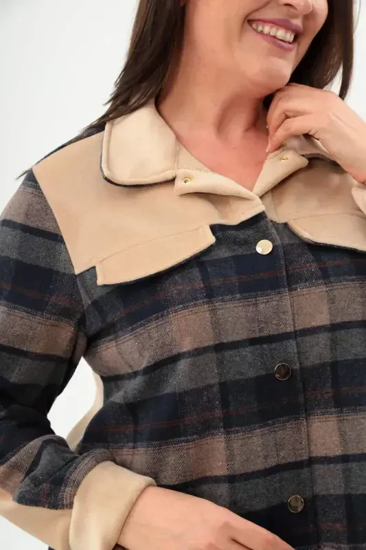 Plus Size Plaid Pattern Lumberjack Beige Shirt - 4