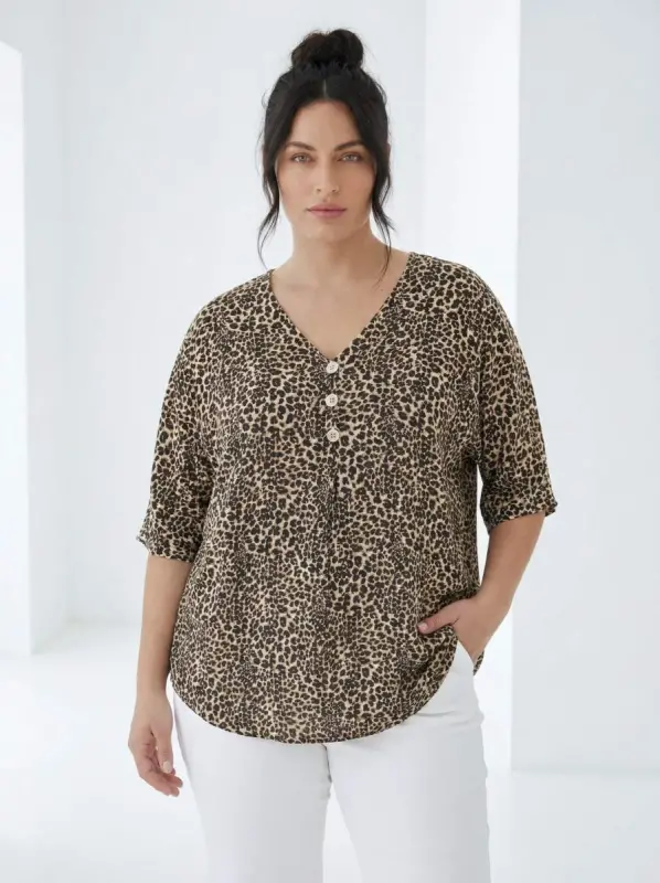Ekose Desenli Kadın Büyük Beden Bluz Leopar - 1