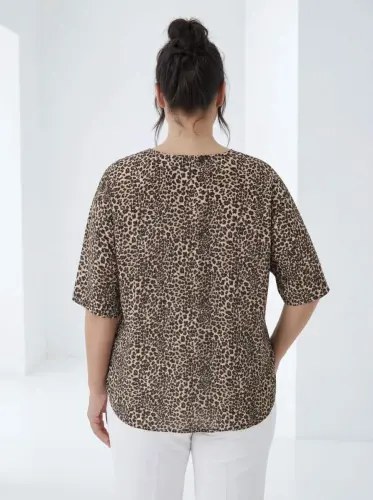 Ekose Desenli Kadın Büyük Beden Bluz Leopar - 4