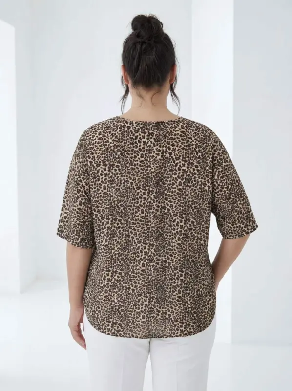 Ekose Desenli Kadın Büyük Beden Bluz Leopar - 4