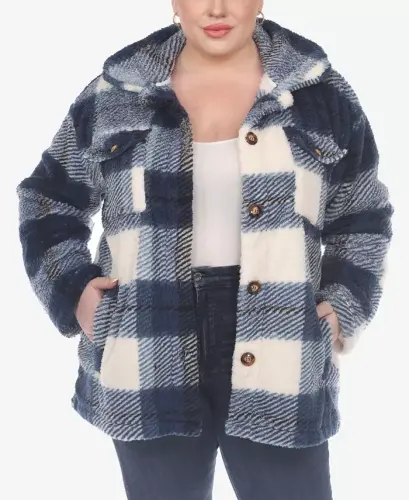 Plus Size Plaid Shacket Jacket - Blue - 1