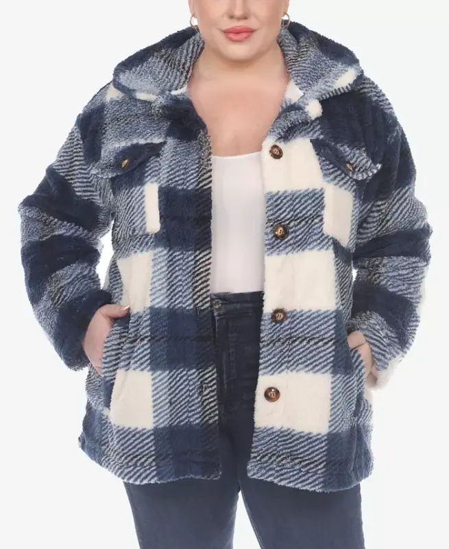 Plus Size Plaid Shacket Jacket - Blue - 1