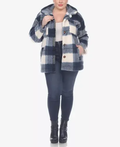Plus Size Plaid Shacket Jacket - Blue - 3