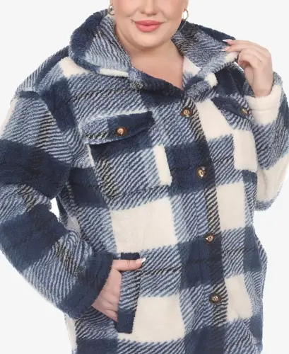 Plus Size Plaid Shacket Jacket - Blue - 4