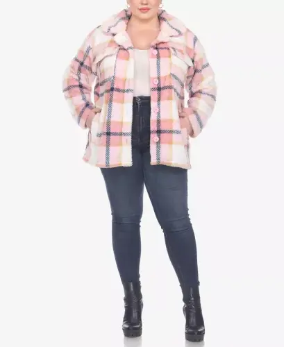 Plus Size Plaid Shacket Jacket - Pink - 3