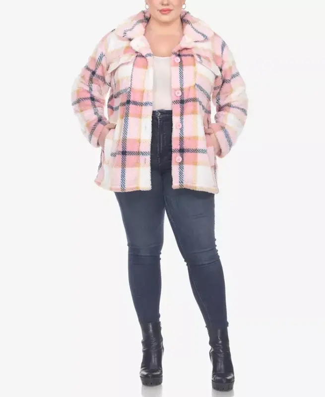 Plus Size Plaid Shacket Jacket - Pink - 3