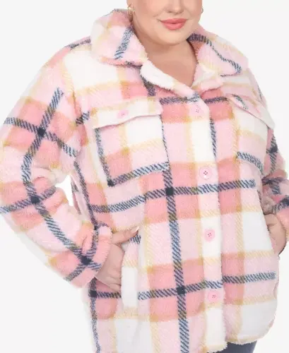 Plus Size Plaid Shacket Jacket - Pink - 4