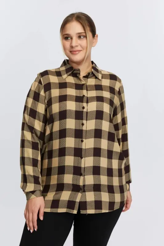 Plus Size Plaid Shirt Coffee - BÜYÜKBEDENIZ