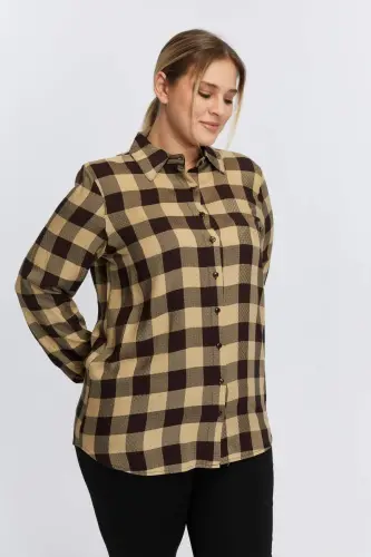 Plus Size Plaid Shirt Coffee - BÜYÜKBEDENIZ (1)