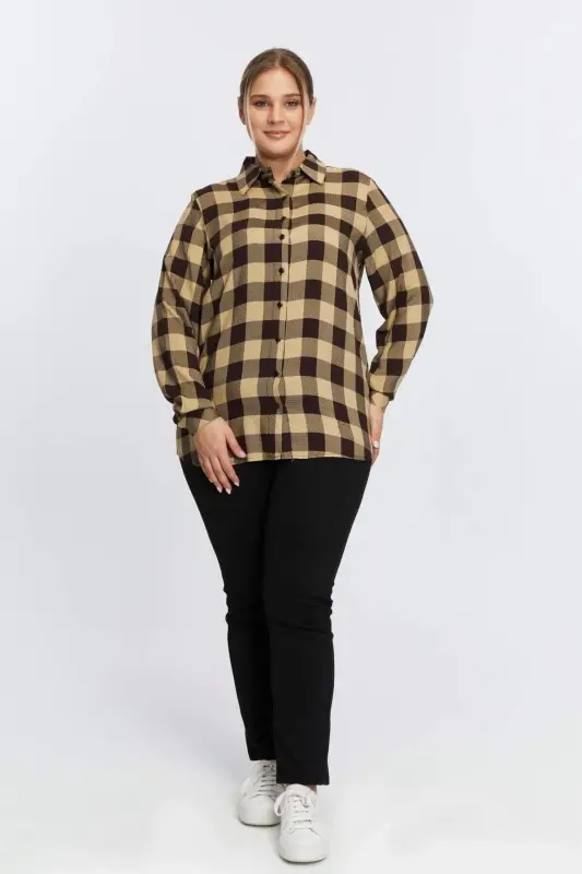 Plus Size Plaid Shirt Coffee - 3