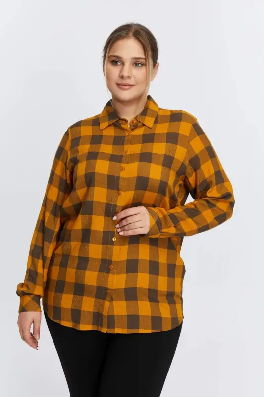 Plus Size Plaid Shirt Mustard - BÜYÜKBEDENIZ