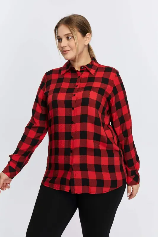 Plus Size Plaid Shirt Red - 3