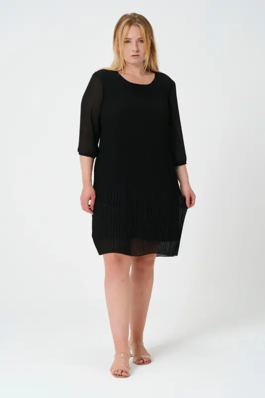 Plus Size Pleated Chiffon Dress-BLACK - 4