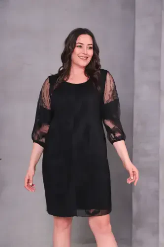 Plus Size Pleated Chiffon Dress-BLACK TULLE - 1