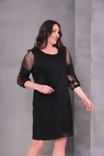 Plus Size Pleated Chiffon Dress-BLACK TULLE - 4