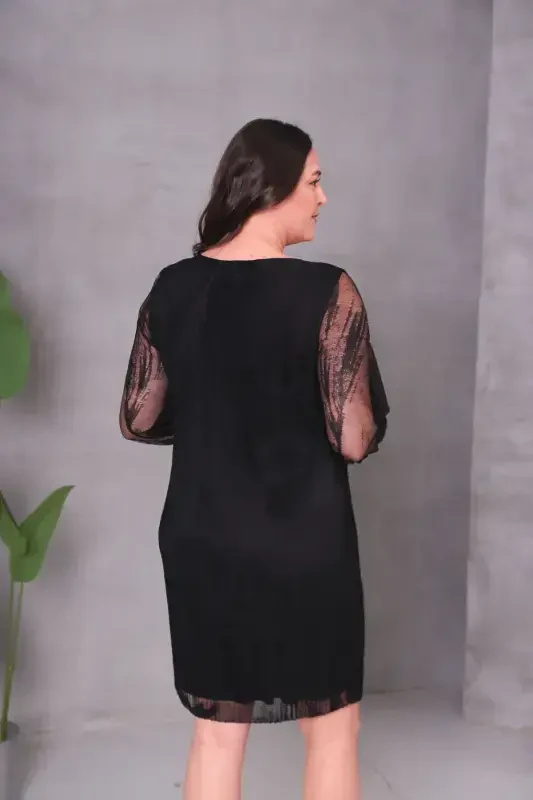 Plus Size Pleated Chiffon Dress-BLACK TULLE - 5