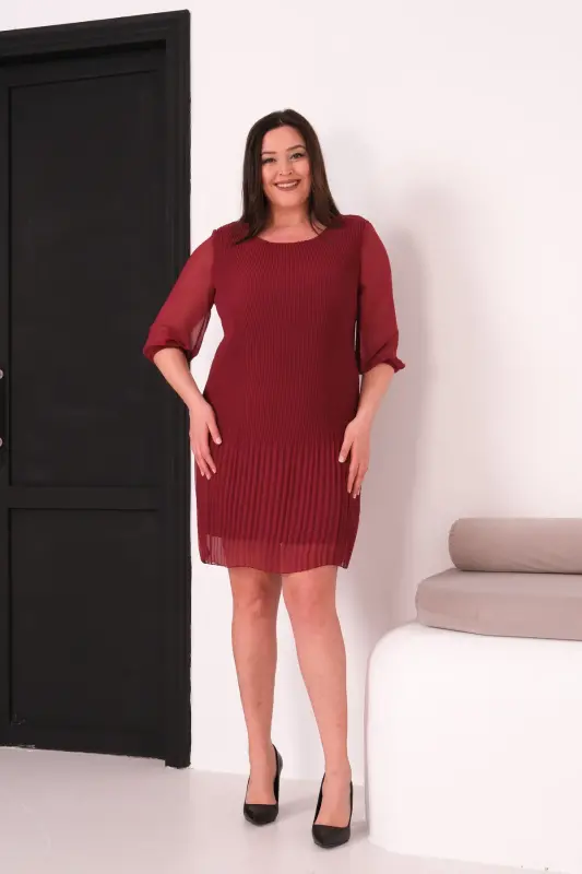 Plus Size Pleated Chiffon Dress-BURGUNDY - SHAHIQA
