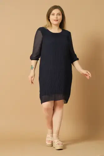 Plus Size Pleated Chiffon Dress - DARK NAVY - 1
