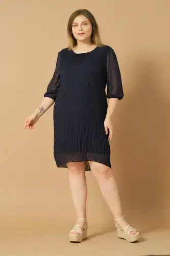 Plus Size Pleated Chiffon Dress - DARK NAVY - 2