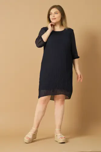 Plus Size Pleated Chiffon Dress - DARK NAVY - 3
