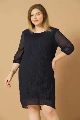 Plus Size Pleated Chiffon Dress - DARK NAVY - 4