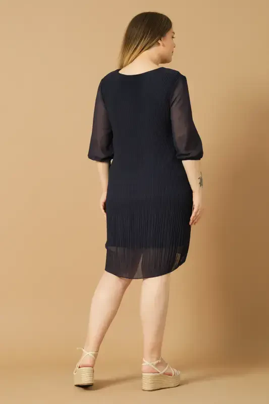 Plus Size Pleated Chiffon Dress - DARK NAVY - 5
