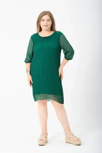 Plus Size Pleated Chiffon Dress-Emerald - 1