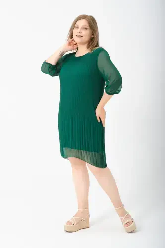 Plus Size Pleated Chiffon Dress-Emerald - 3