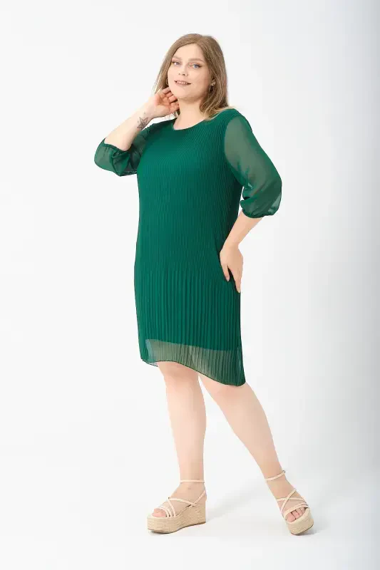 Plus Size Pleated Chiffon Dress-Emerald - 3