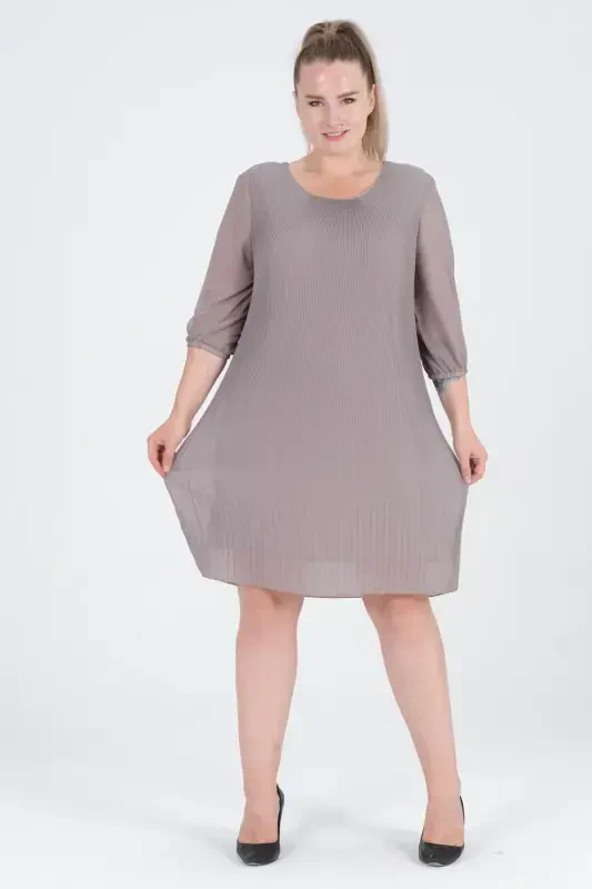 Plus Size Pleated Chiffon Dress-GRAY - 1