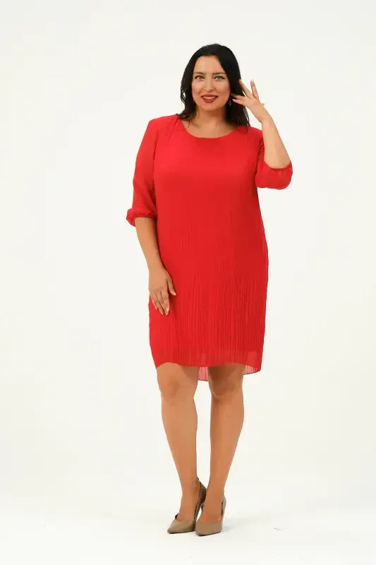Plus Size Pleated Chiffon Dress-TERRACOTTA - 4
