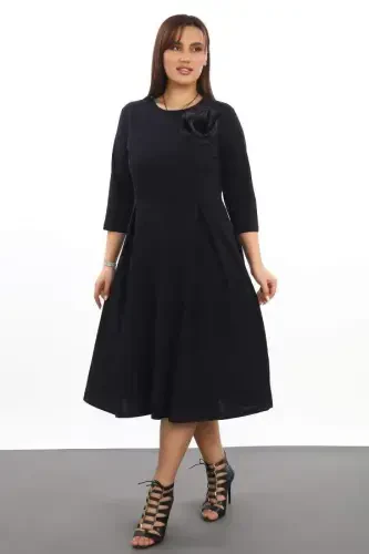 Plus Size Pleated Pocket Bike Collar Black Dress - 1