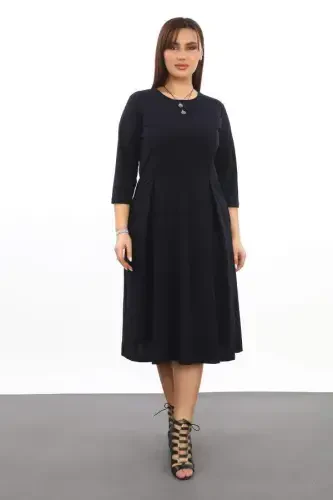 Plus Size Pleated Pocket Bike Collar Black Dress - BÜYÜKBEDENIZ (1)