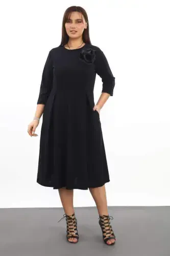 Plus Size Pleated Pocket Bike Collar Black Dress - 3