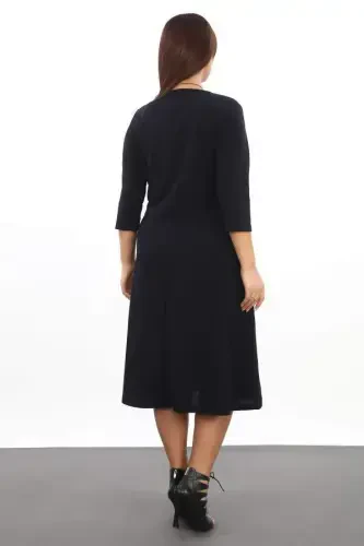 Plus Size Pleated Pocket Bike Collar Black Dress - 5