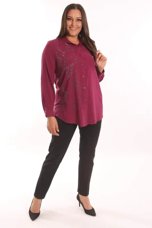 Plus Size Plum Woven Shirt with Stone Print Detail - 2