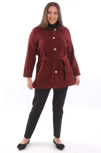Plus Size Pocket Detail Belted Button Closure Burgundy Jacket - BÜYÜKBEDENIZ (1)