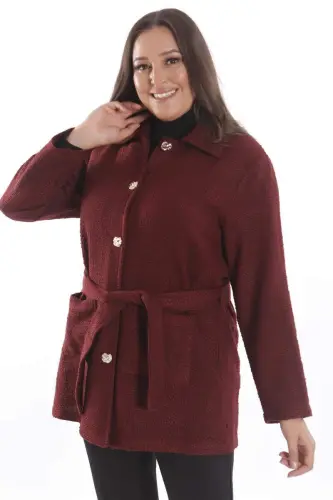 Plus Size Pocket Detail Belted Button Closure Burgundy Jacket - 3