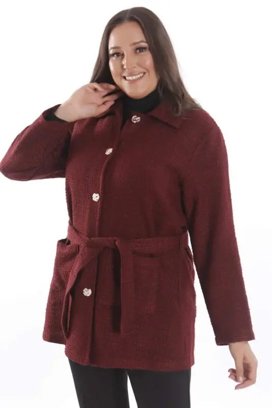 Plus Size Pocket Detail Belted Button Closure Burgundy Jacket - 3